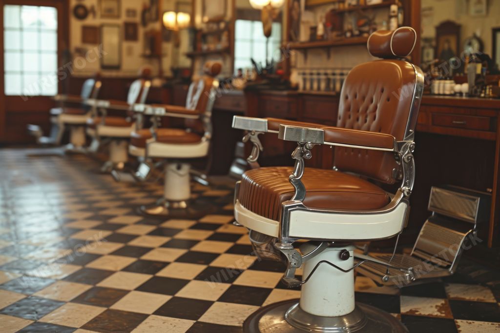 An AI generated illustration of brown leather chairs in a barber shop