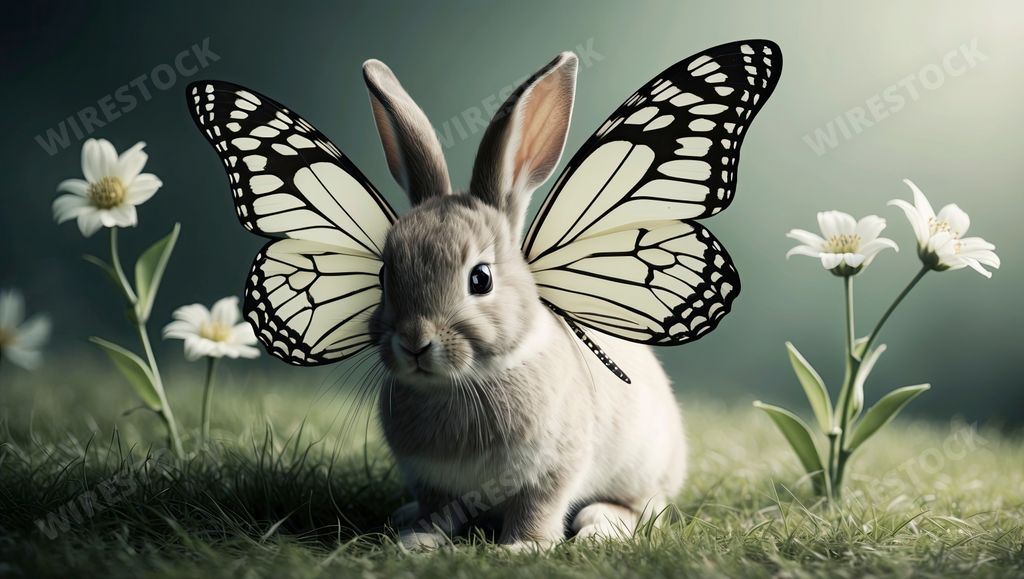 An AI generated illustration of a rabbit with butterfly wings sitting on grass with white flowers.