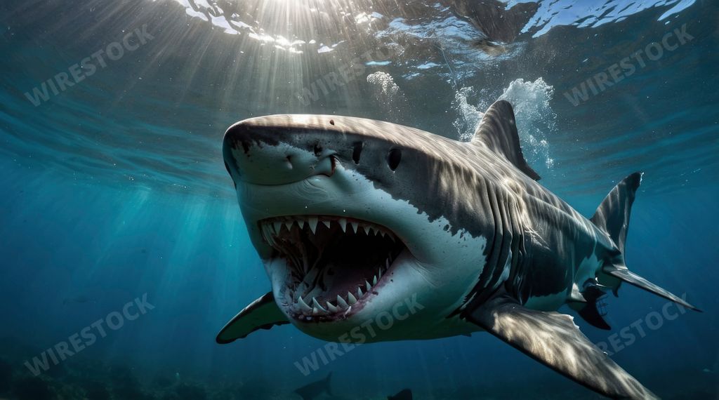 An AI generated illustration of Close-up of a large shark showing its open mouth