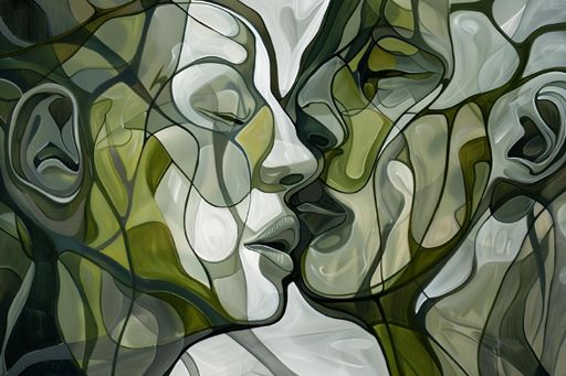 An AI generated illustration of Abstract lines connect two faces touching noses in a close-up shot