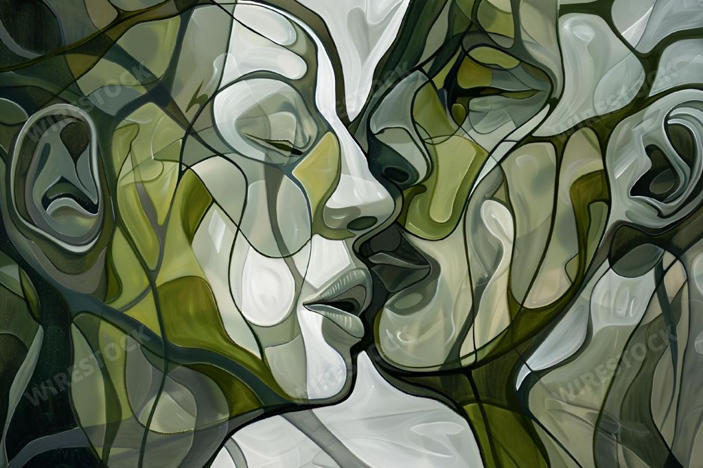 An AI generated illustration of Abstract lines connect two faces touching noses in a close-up shot