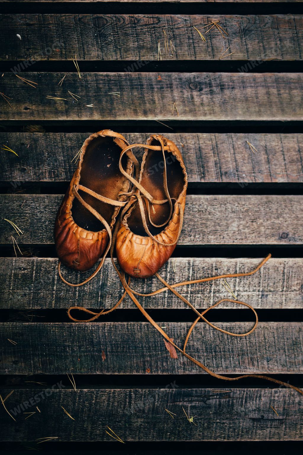 A top view of Latvian traditional peasant wear shoes on a wooden surface in vertical