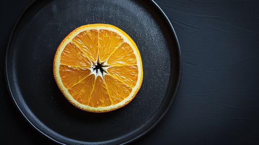 An AI generated illustration of Fresh orange on plate in stylish black kitchen setting with dark background