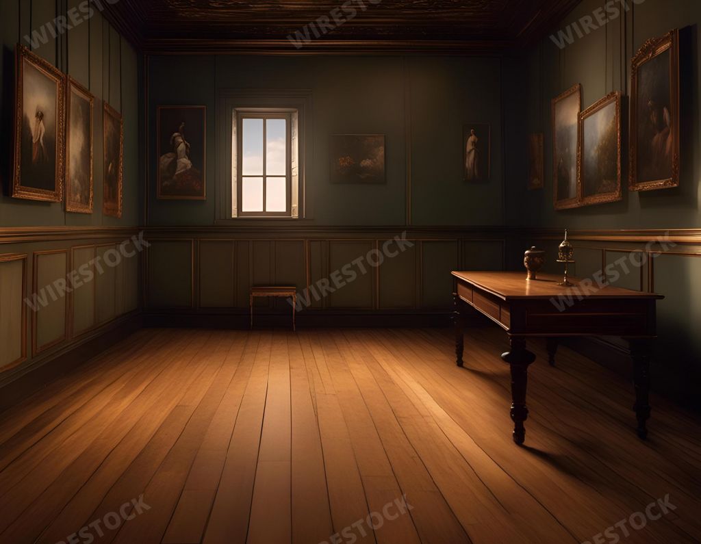 An AI-generated illustration of Artwork hanging on the walls above a wooden floor