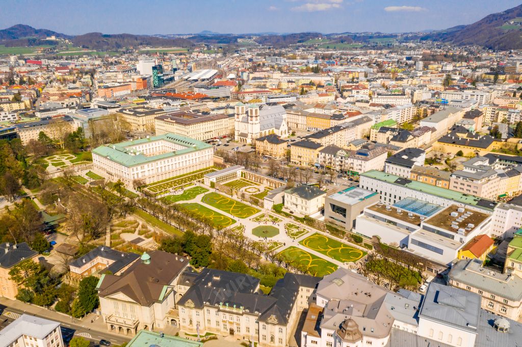 An aerial view of the Salzburg Cathedral or Salzburger baroque roman catholic church in Salzburg, Austria