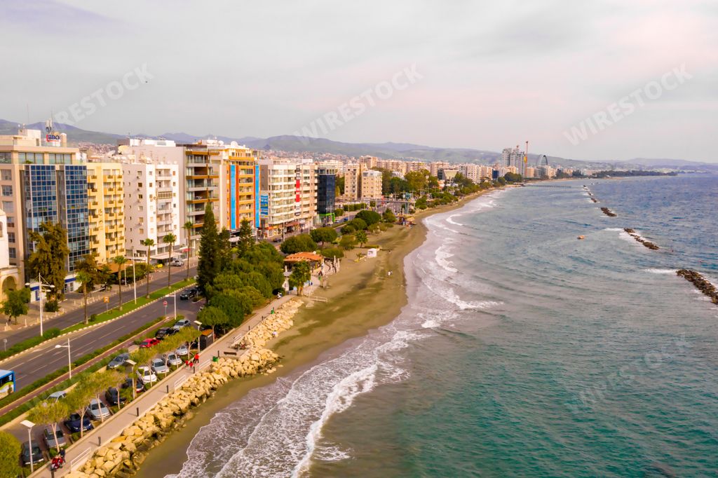An aerial shot of the city of Limassol, Cyprus, on a bright sunny day