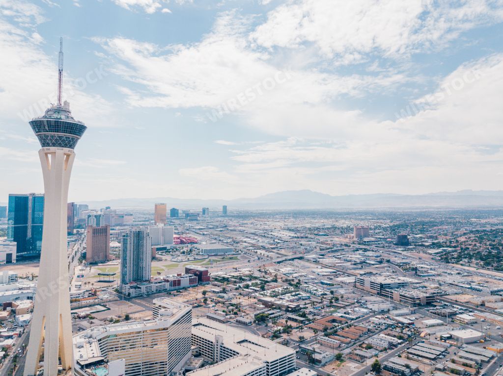 An aerial view of the stratosphere hotel in the City of Las Vegas in the USA