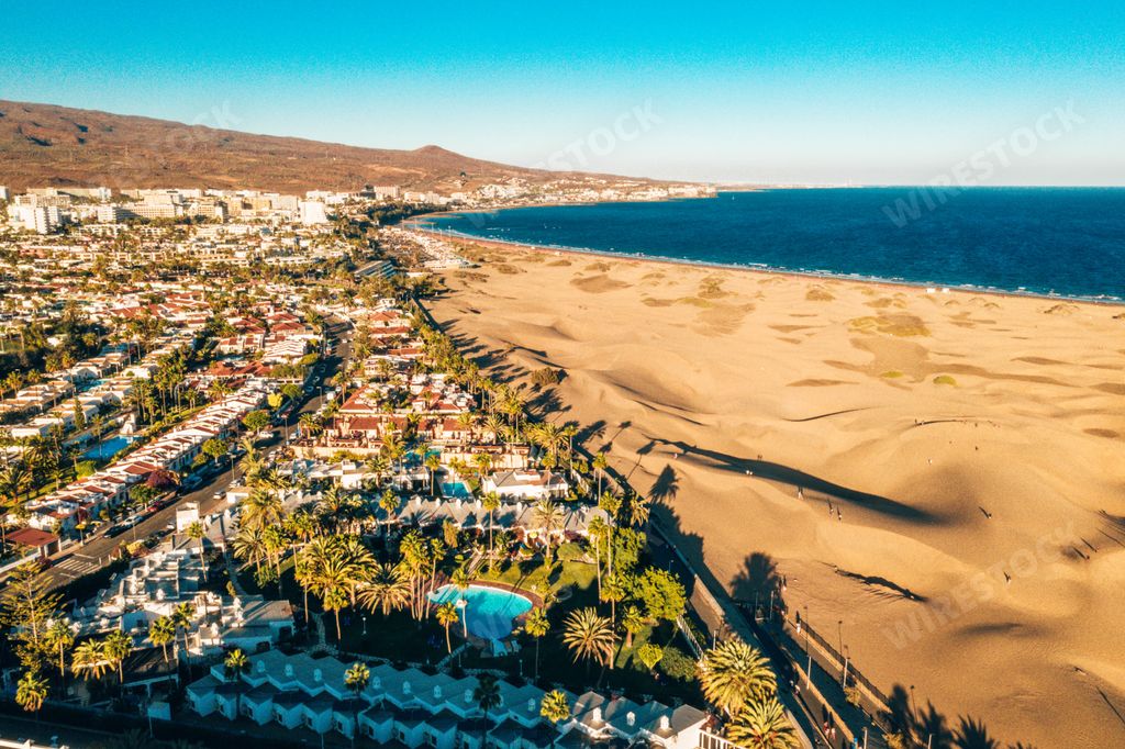 An aerial view of buildings and exotic palm trees on the coast of the Gran Canaria Island in Spain