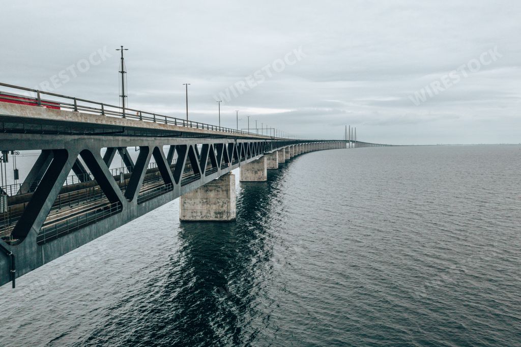 An aerial view of the Oresund bridge between Denmark and Sweden, Oresundsbron