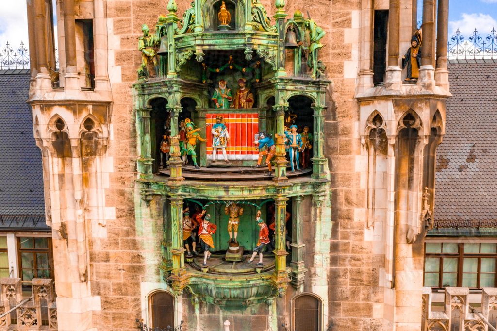 A closeup of the Rathaus-Glockenspiel under the sunlight in Munich, Germany