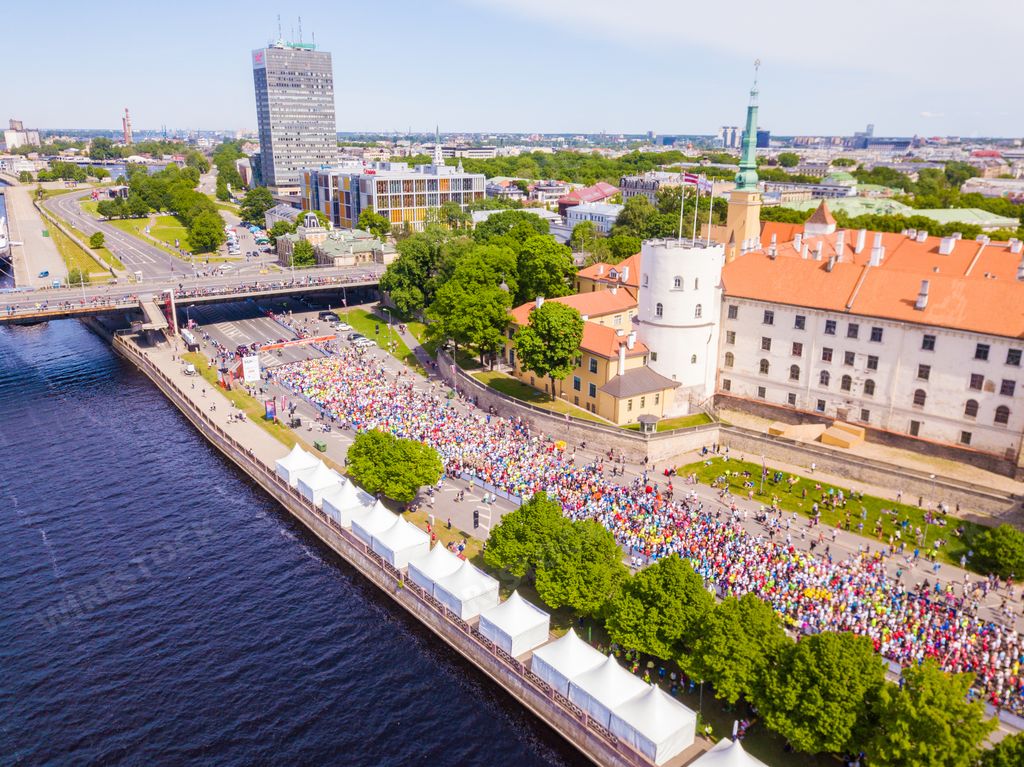 A cityscape of Riga during The Rimi Riga Marathon under the sunlight and a blue sky in Latvia