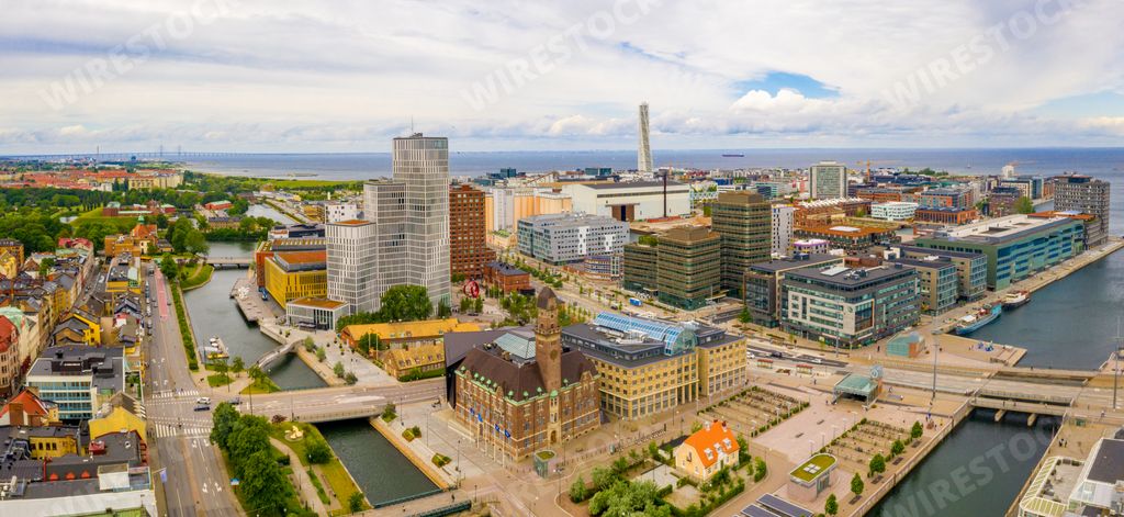 An aerial shot of the cityscape of Malmo, Sweden during daylight