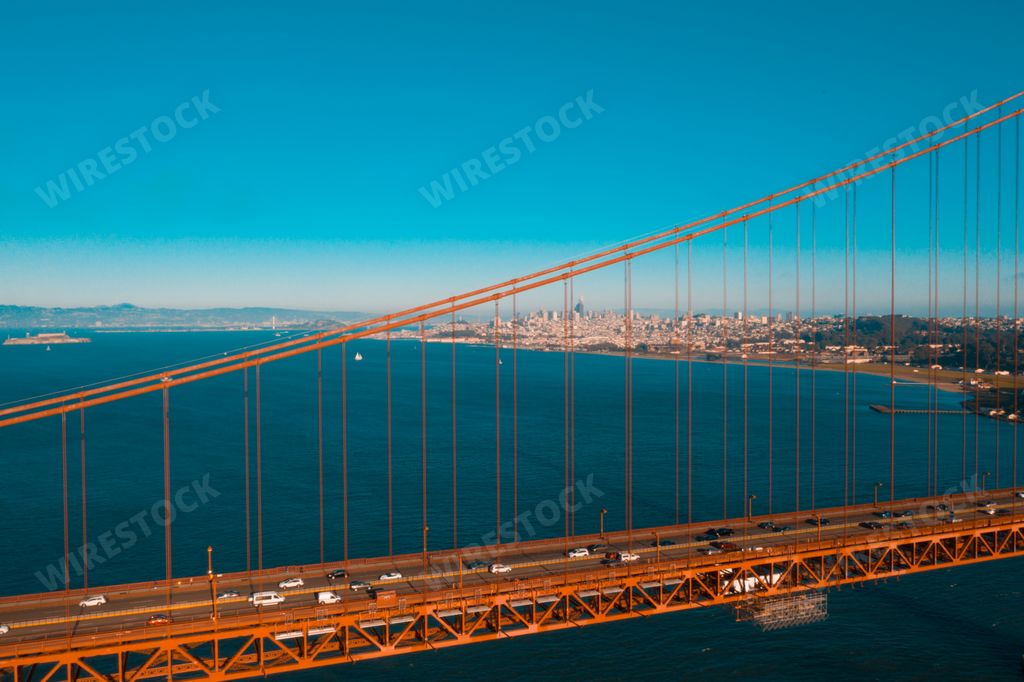 An aerial sunset view of the Golden Gate Bridge in San Francisco, California