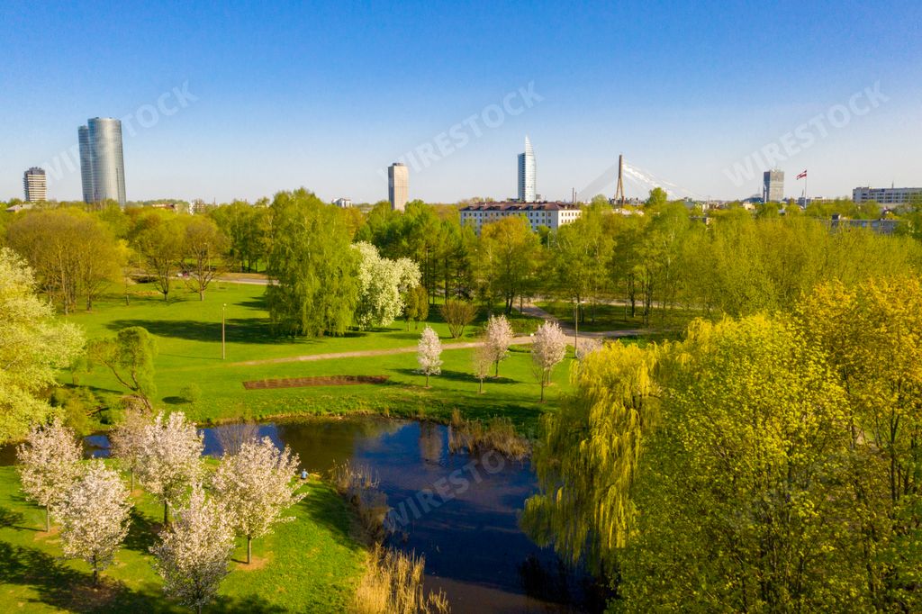 A beautiful aerial view of the Victory Park in Riga, Latvia