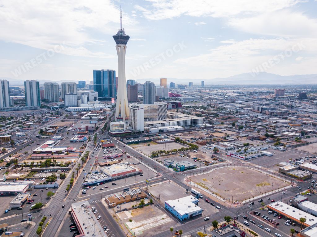 An aerial view of Stratosphere Tower in the northern end of Las Vegas, Nevada, USA
