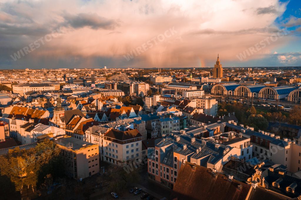 An aerial shot of the old town of Riga in Lativa on a gloomy day background