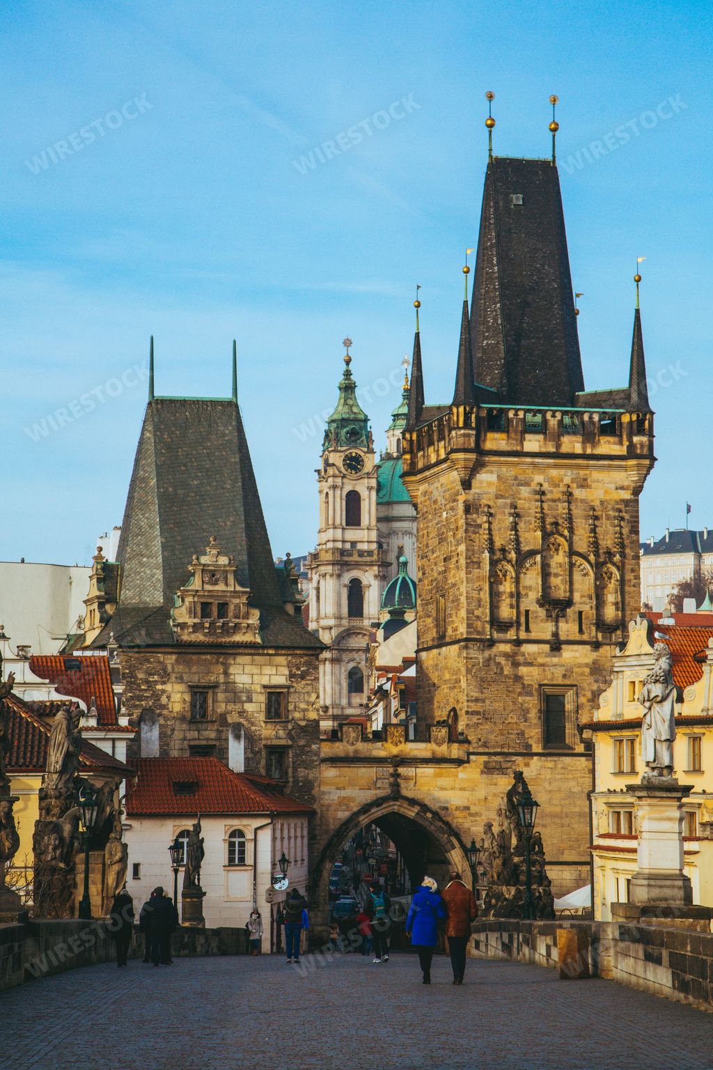 A vertical shot of Mala Strana bridge tower, Christmas in Prague