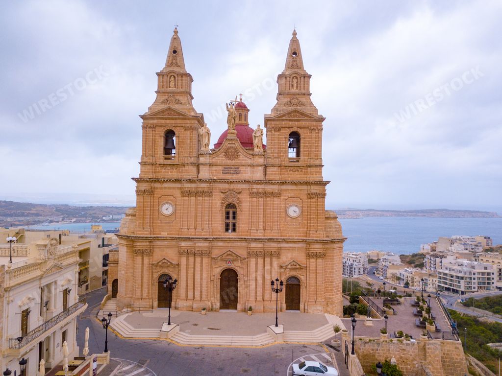 An aerial shot of Parish Church of Mellieha on the island of Malta