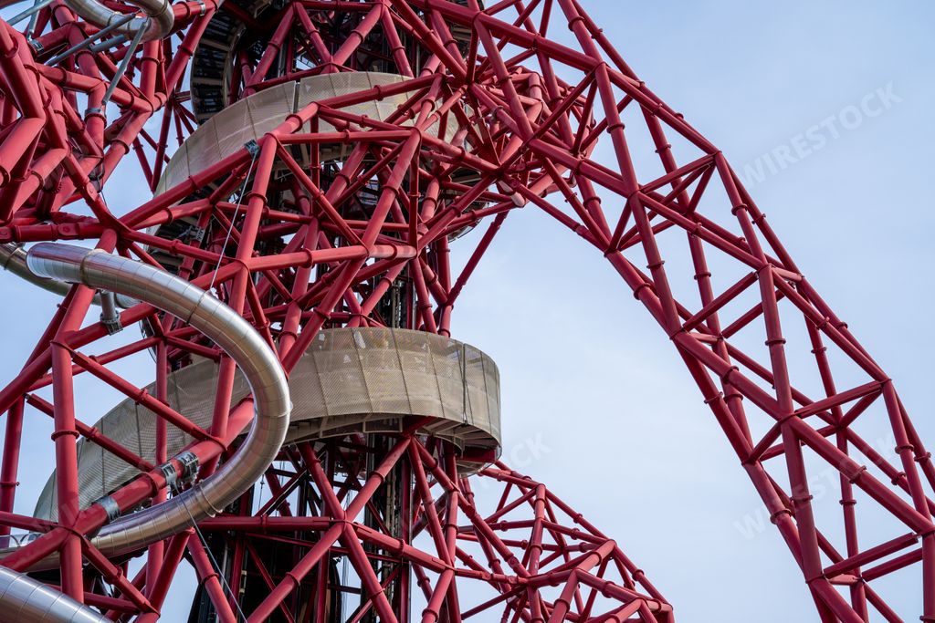 A closeup shot of the Arcelormittal Orbit observation tower in the Queen Elizabeth Olympic Park, UK