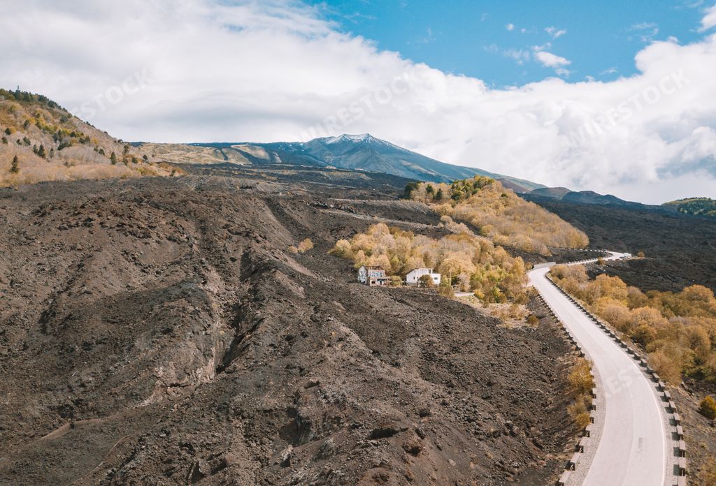 An aerial view of the road to the Etna volcano