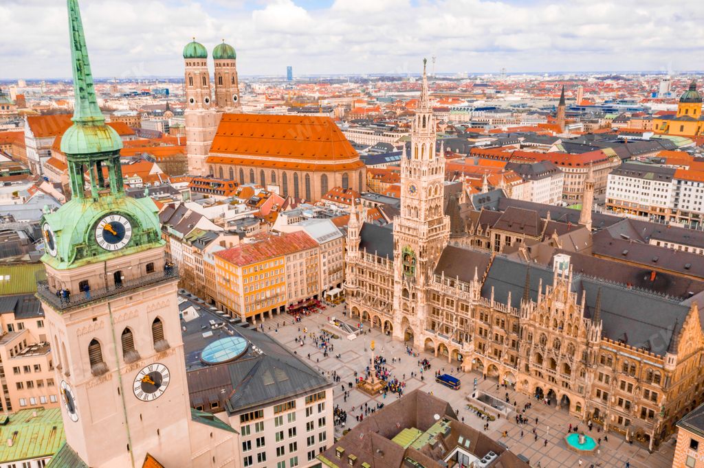 The St. Peter's Church on background of Munich, Germany