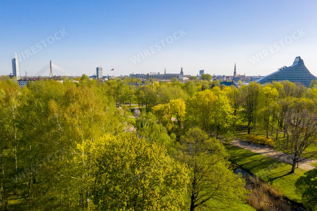 An aerial view of the beautiful Victory Park in Riga, Latvia