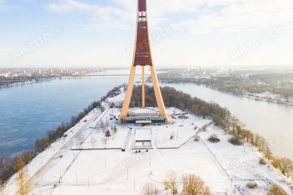 An aerial view of the Riga Radio and TV Tower