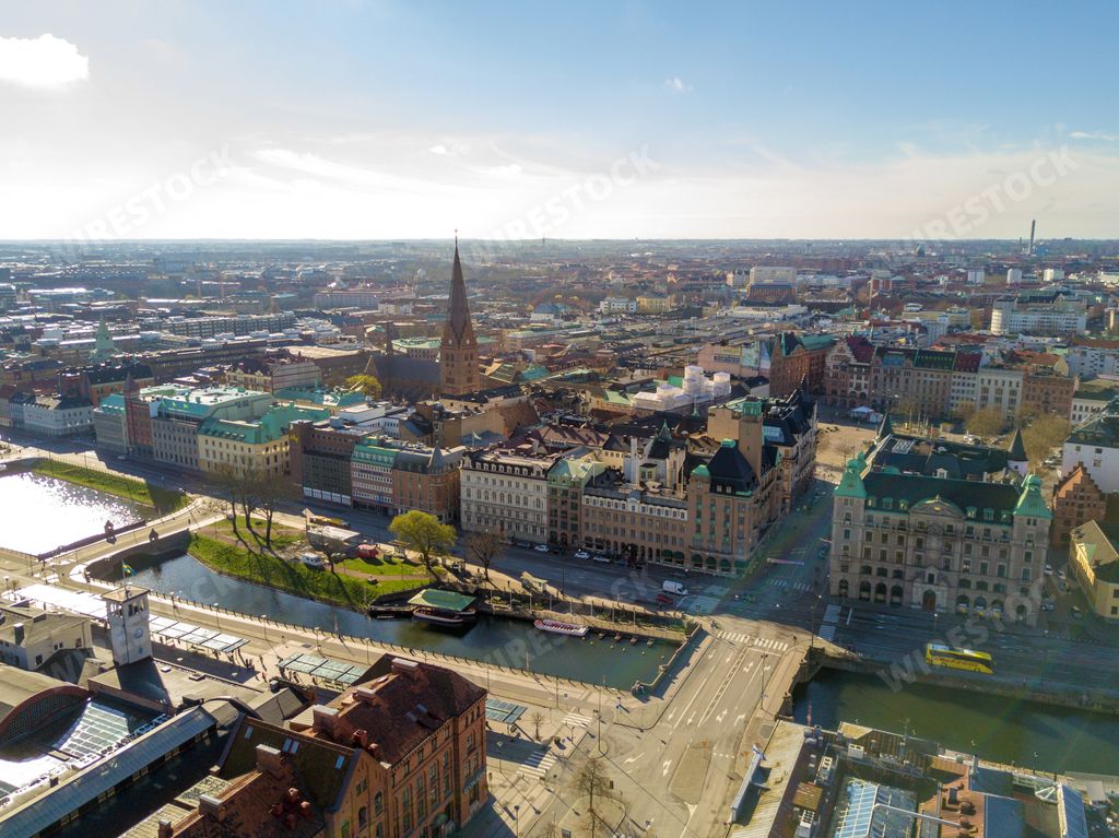 An aerial view of Malmo city from above in Sweden