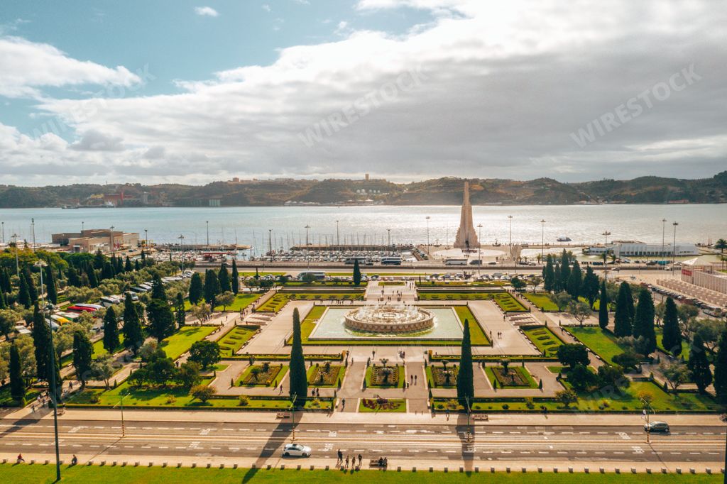 An aerial view at Jeronimos Monastery and Emprie Square and park from top of Monument of Discoveries