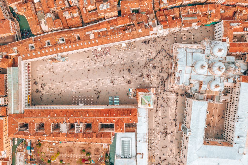 An aerial view of the Piazza San Marco with the Basilica of Saint Mark in Venice, Italy