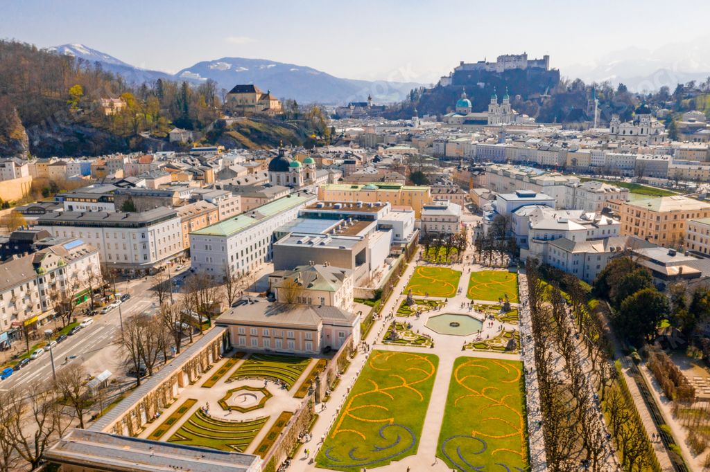 An aerial view of the Mirabell Gardens and the buildings in Salzburg, Austria