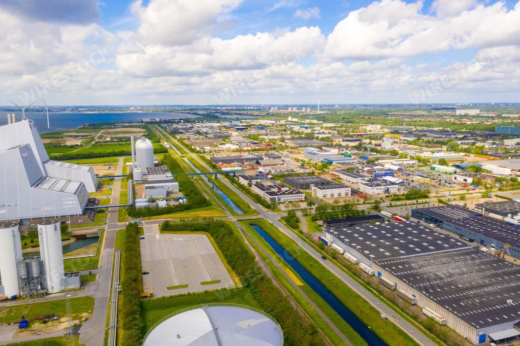 An aerial view of eco power plants in a power station in Copenhagen, Denmark