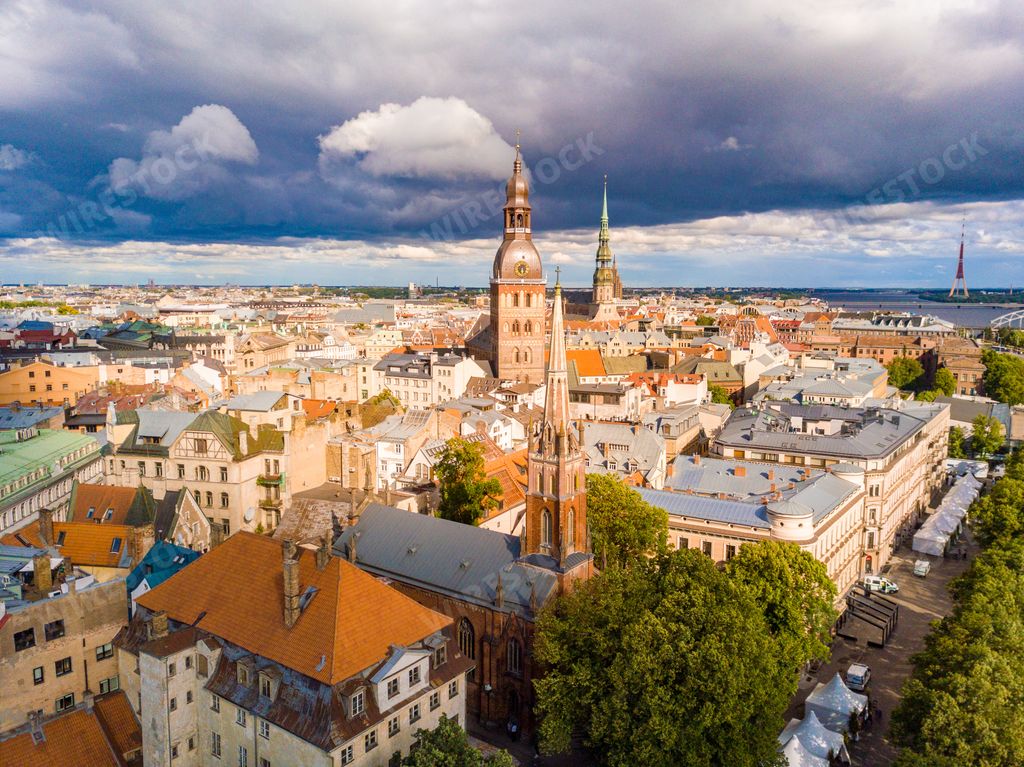 A beautiful aerial view of Riga, Latvia on a cloudy day