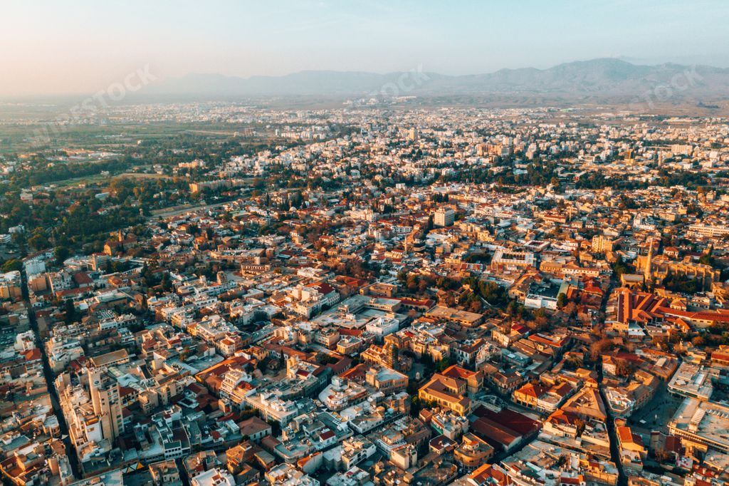 An aerial view of the iconic walled capital Nicosia in Cyprus with its colorful buildings