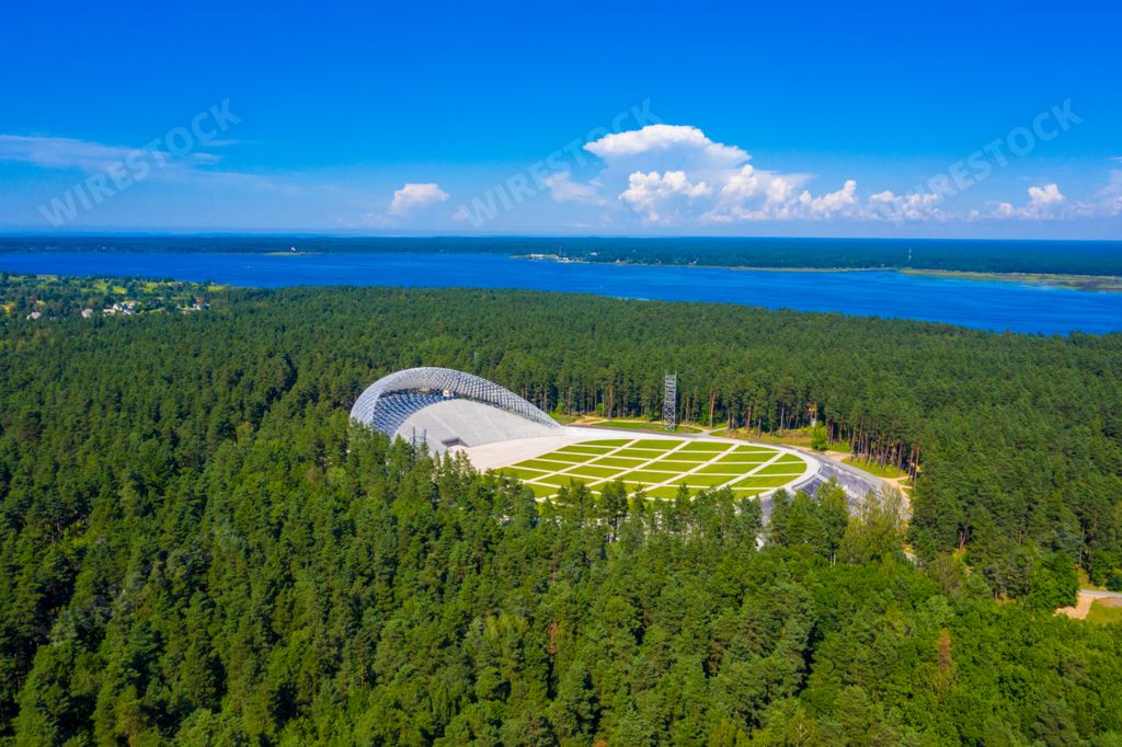 Aerial view of the Great Bandstand in Mezaparks in Riga, Latvia. Beautiful new stadium located in the middle of a forest.