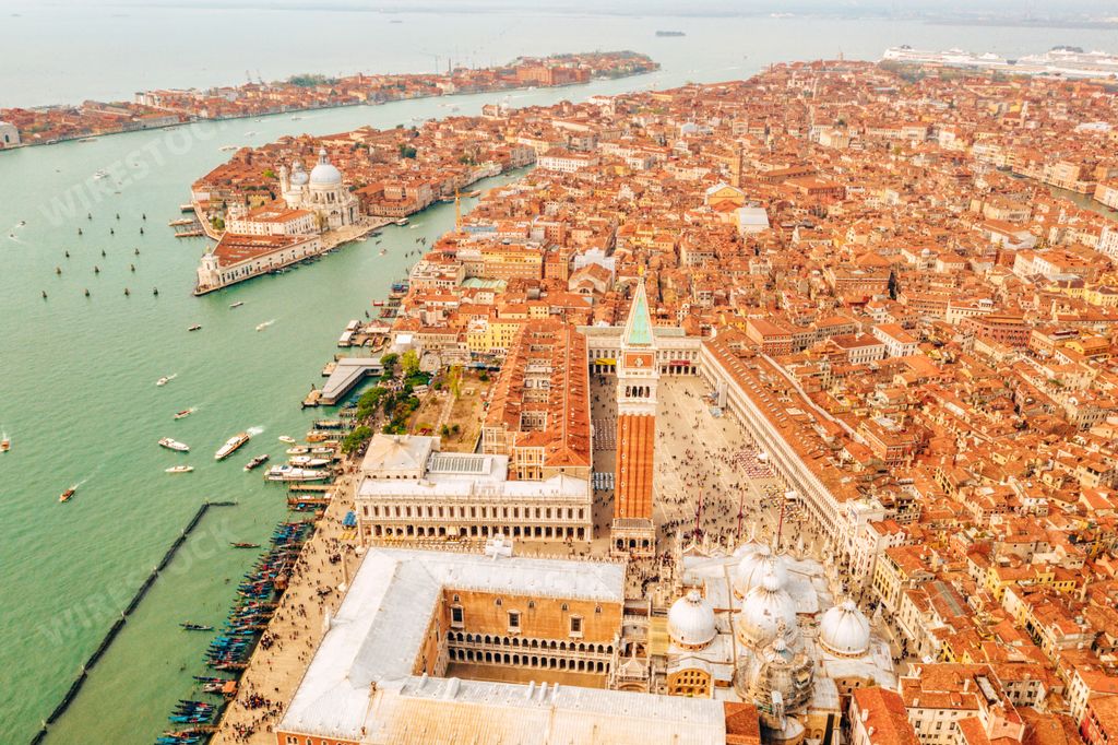 An aerial view of Venice in Italy, a beautiful cityscape
