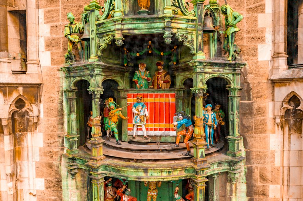 A closeup of the Rathaus-Glockenspiel under the sunlight in Munich, Germany