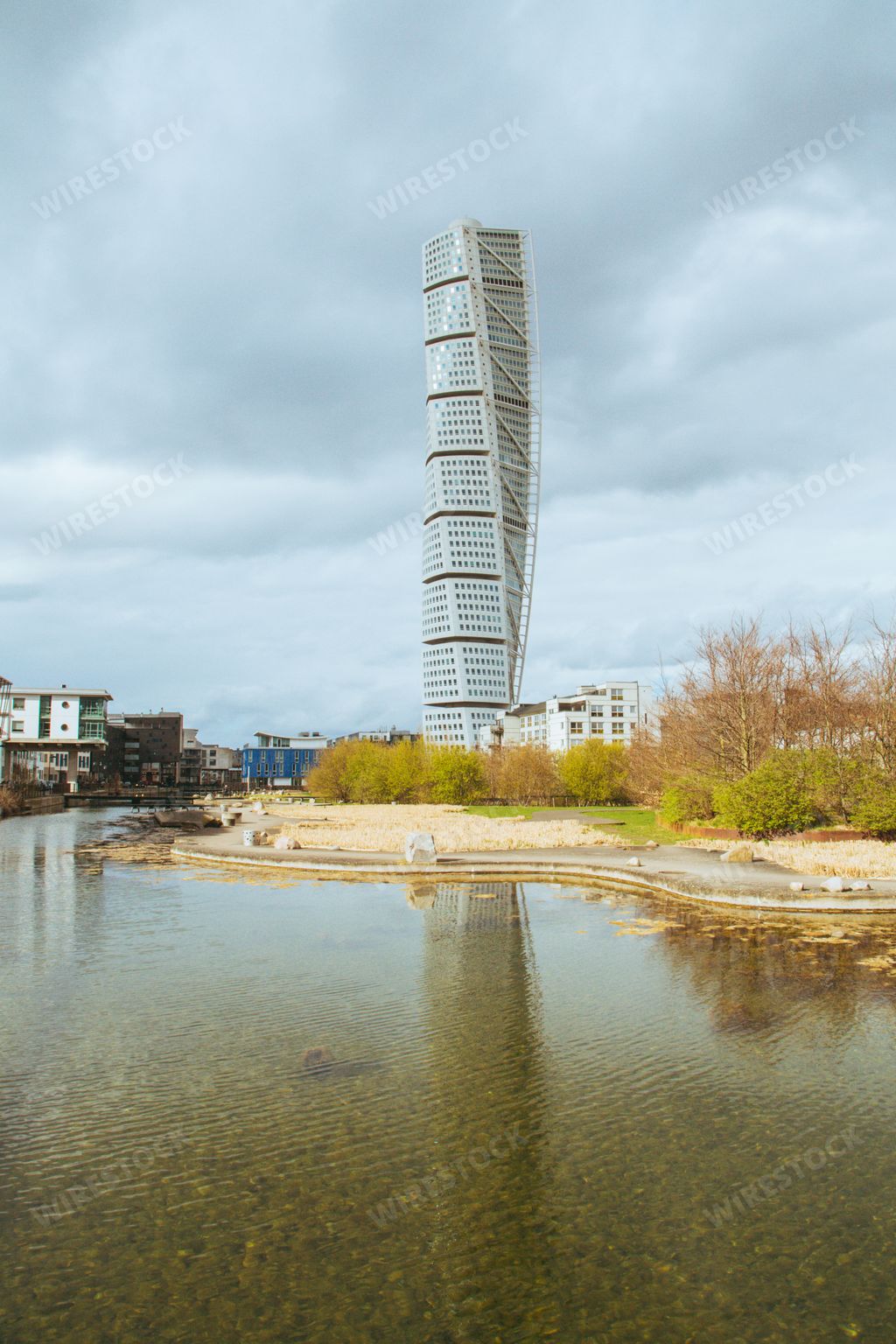 A vertical shot of the west harbor area with the Turning Torso skyscraper in Malmo, Sweden