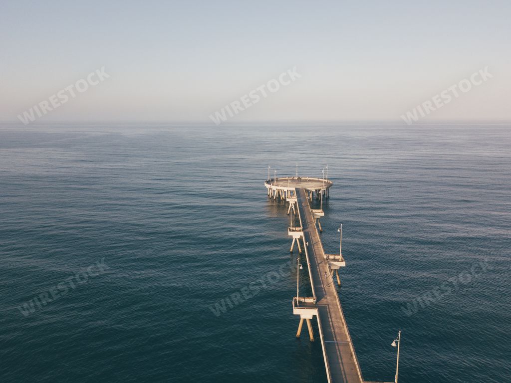 An aerial sunrise view of the Venice beach pier near Santa Monica