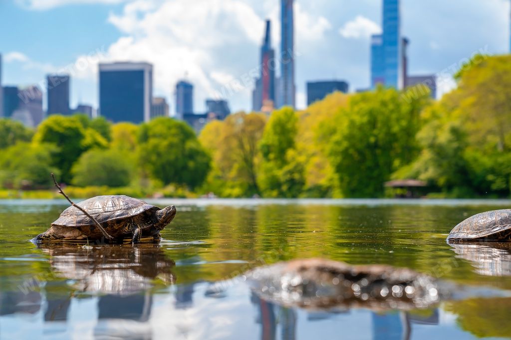 Cute turtles living in a pond in Central Park in New York City surrounded by skyscrapers