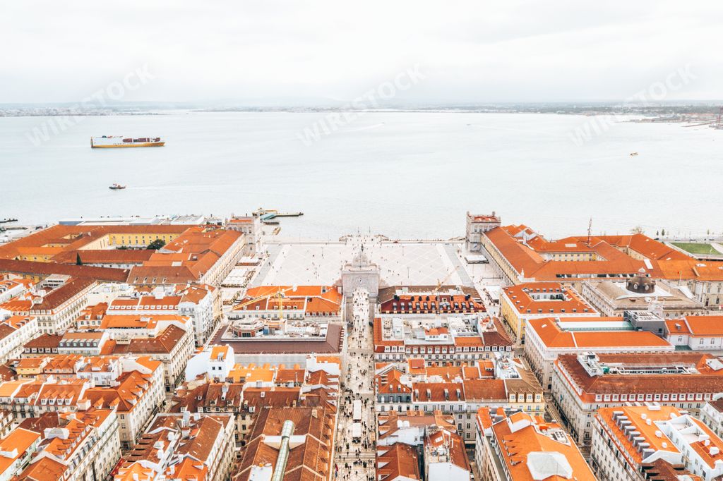 An aerial view of the famous Praca do Comercio (Commerce Square) in Lisbon, Portugal