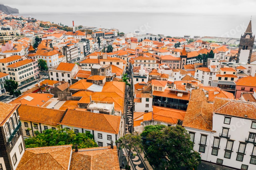 An aerial shot of small houses with orange rooftops by the Atlantic ocean in the Madeira island, Portugal