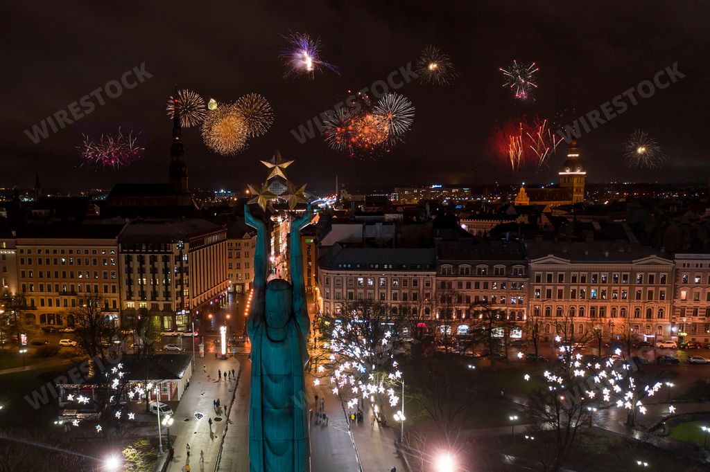 The Statue of Liberty Milda in Riga city at night in  Latvia