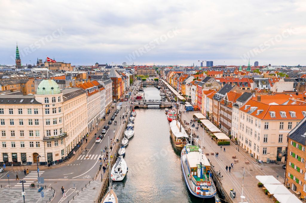 An aerial view of the New  Haven district in Copenhagen, Denmark