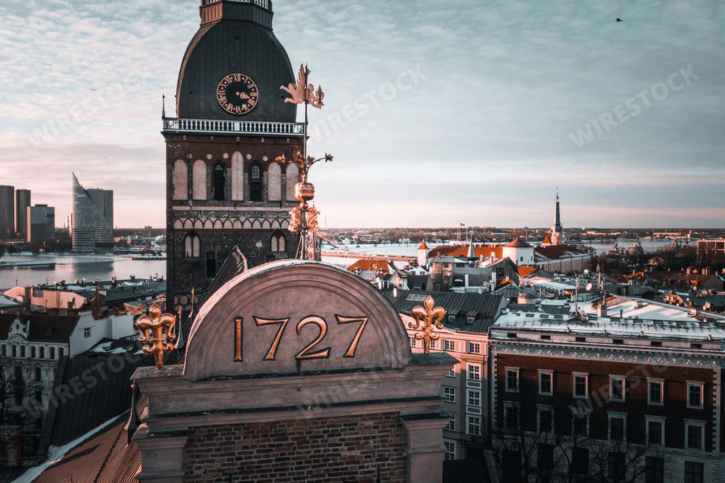 The aerial view of the Dome Cathedral in Riga, Latvia in winter