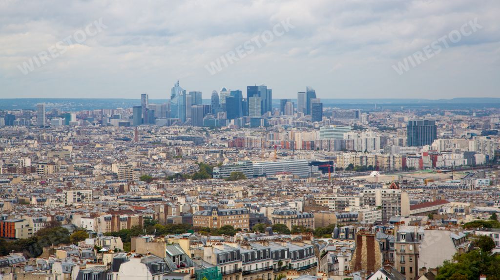 A view of the La Defense financial district of Paris, France on a gloomy day