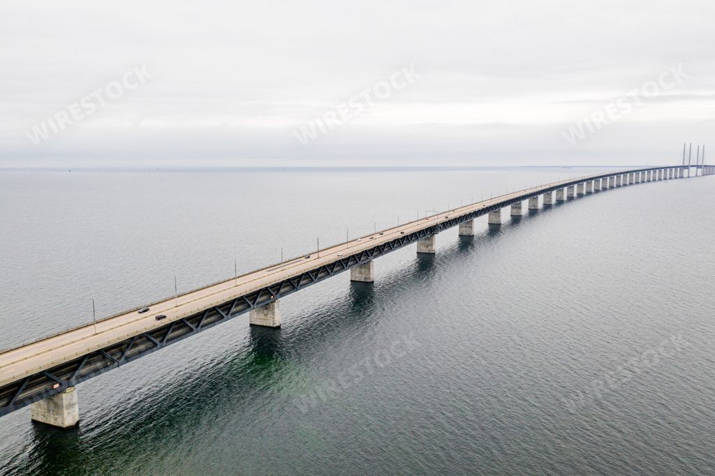 An aerial view of the Oresund bridge between Denmark and Sweden, Oresundsbron