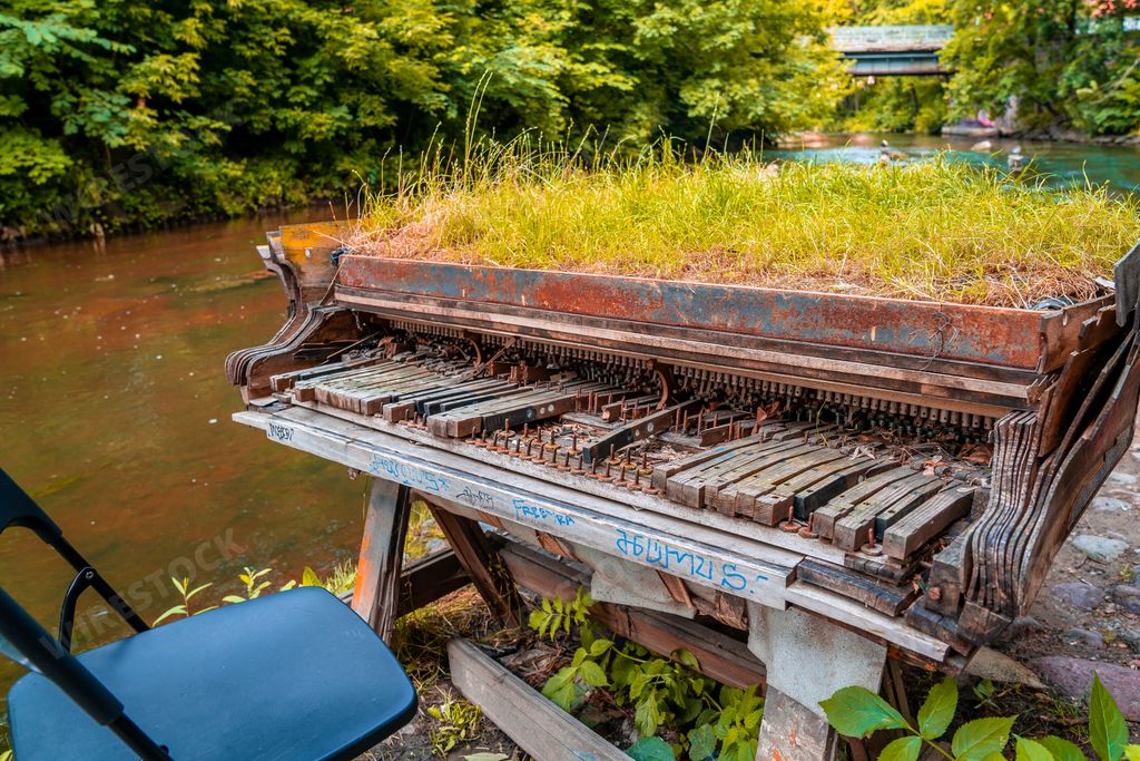 An abandoned aged grand piano covered in the grass near the Vilnia River, Vilnius, Lithuania