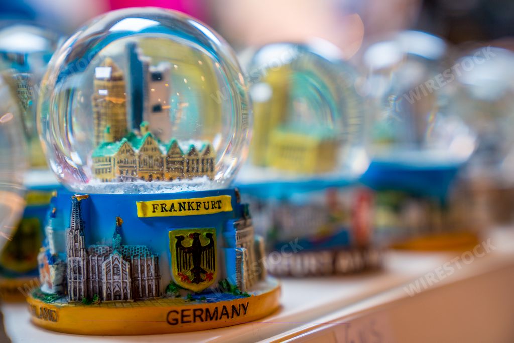 A closeup of snow globes in the Christmas market in Frankfurt, Germany