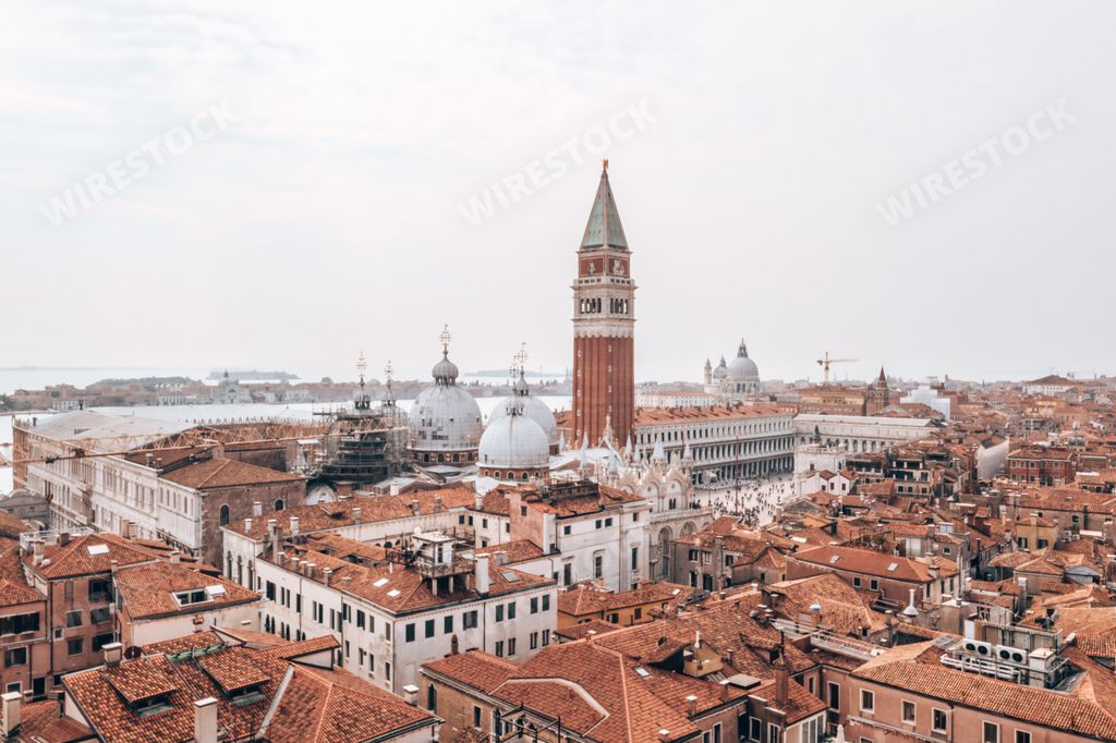 An aerial view of the St Mark's Campanile in Venice, Itay
